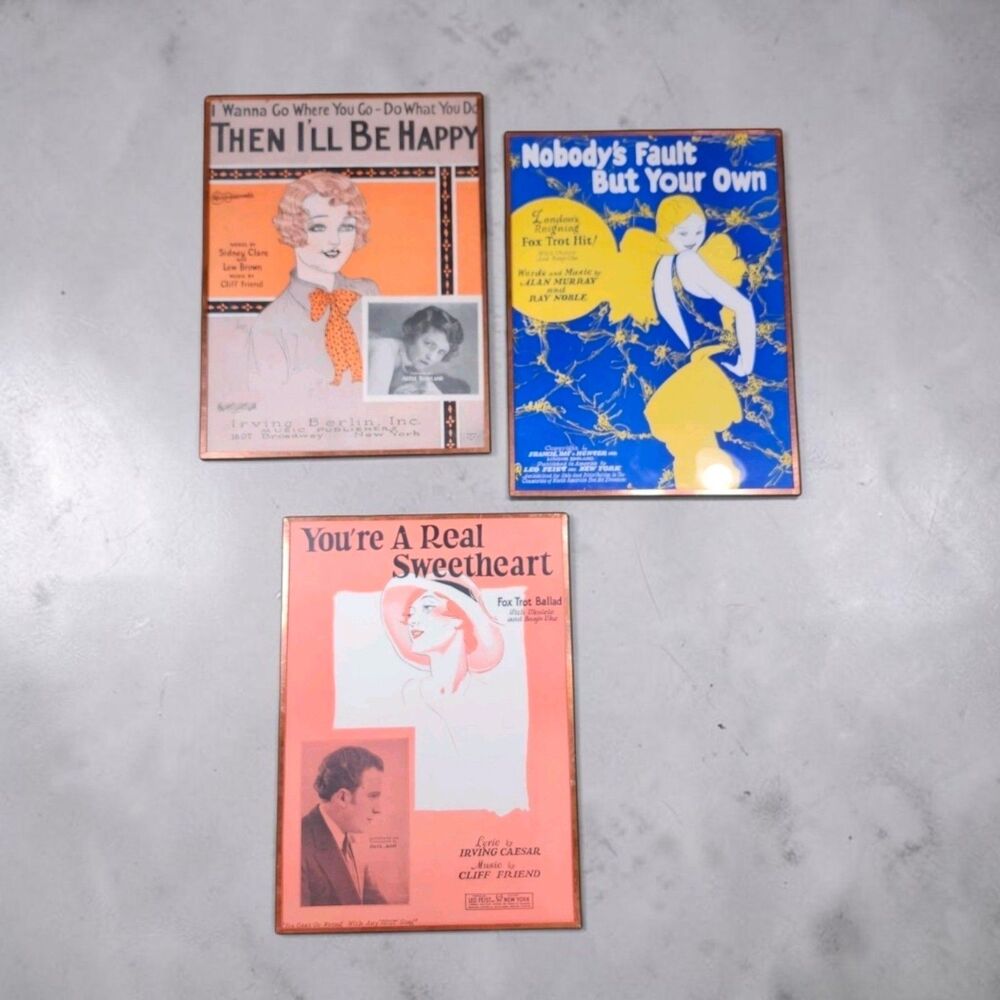 Set of 3 Harveys Wallhangers 1920s Sheet Music Copper Frames Original Prints